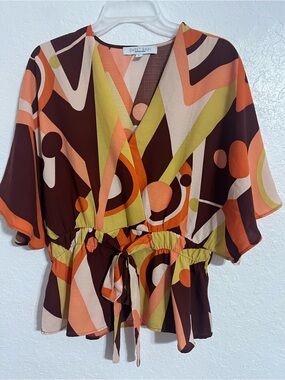 Sweet Rain Retro Geo Tie-Front Blouse - Brown/Orange/Green/Cream Size M #101